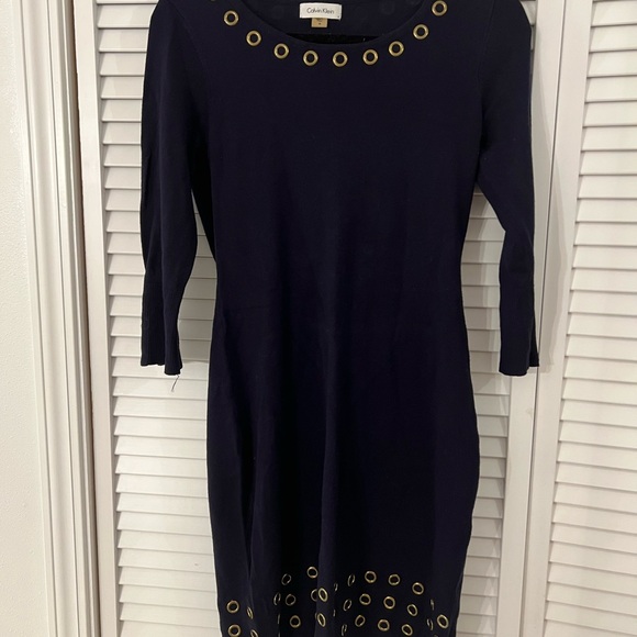 Calvin Klein Dresses & Skirts - Calvin Klein Navy Knit Dress with Gold Eyelet Trim